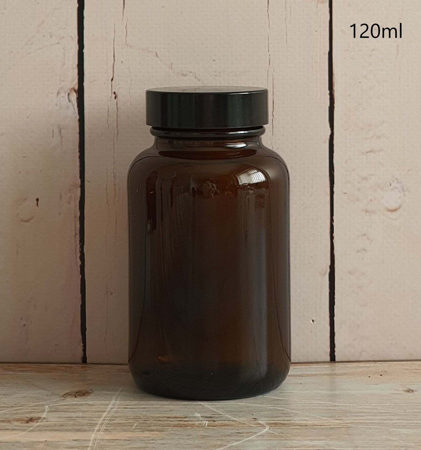 Amber Wide Mouth Glass Pill Jars with Black Lids