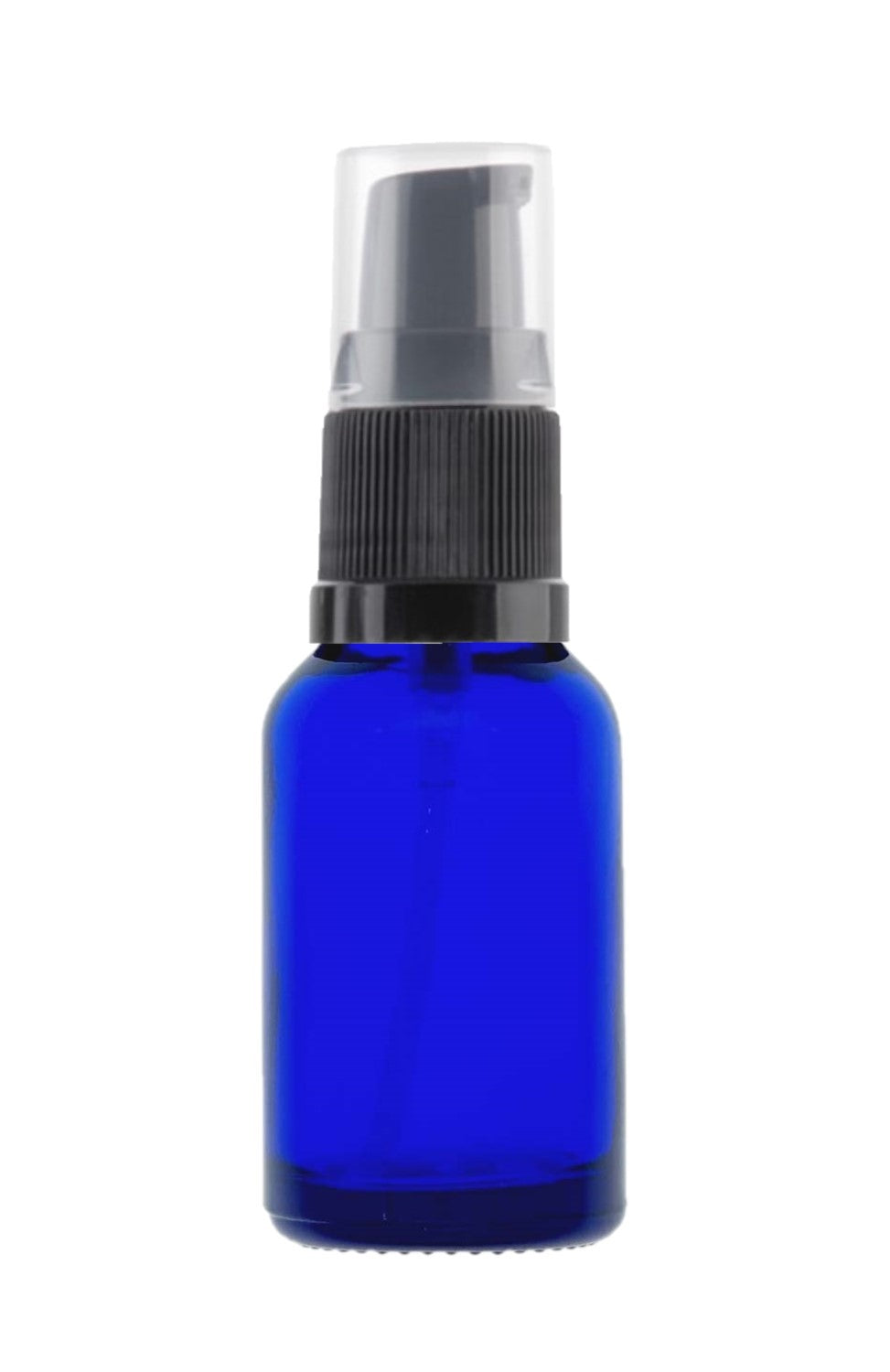 15ml Blue Glass Bottles with Black Treatment Pump and Clear Over Cap