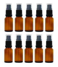 Load image into Gallery viewer, 15ml Amber Glass Bottles with Black Atomiser Spray and Clear Overcap