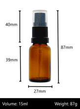 Load image into Gallery viewer, 15ml Amber Glass Bottles with Black Atomiser Spray and Clear Overcap