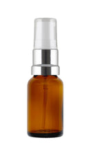 Load image into Gallery viewer, 15ml Amber Glass Bottles with Silver/White Treatment Pump and Clear Overcap