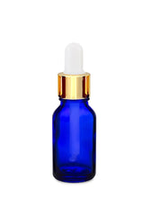 Load image into Gallery viewer, 15ml Blue Glass Bottles with Gold/White Glass Pipettes