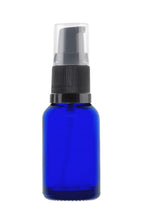 Load image into Gallery viewer, 15ml Blue Glass Bottles with Black Treatment Pump and Clear Overcap