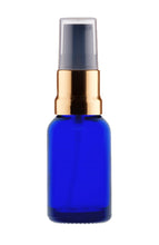 Load image into Gallery viewer, 15ml Blue Glass Bottles with Gold/Black Treatment Pump and Clear Overcap