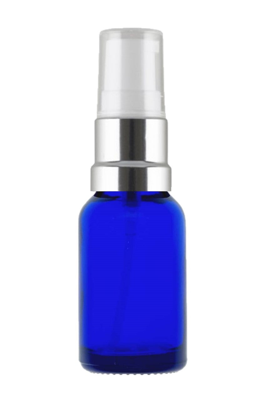15ml Blue Glass Bottles with Silver/White Treatment Pump and Clear Overcap