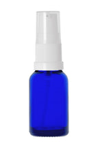 Load image into Gallery viewer, 15ml Blue Glass Bottles with White Treatment Pump and Clear Overcap