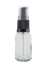 Load image into Gallery viewer, 15ml Clear Glass Bottles with Black Treatment Pump and Clear Overcap