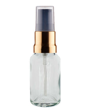 Load image into Gallery viewer, 15ml Clear Glass Bottles with Gold/Black Treatment Pump and Clear Overcap