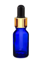 Load image into Gallery viewer, 15ml Blue Glass Bottles with Gold/Black Glass Pipettes