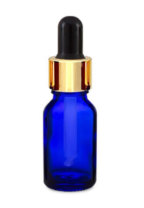 15ml Blue Glass Bottles with Gold/Black Glass Pipettes