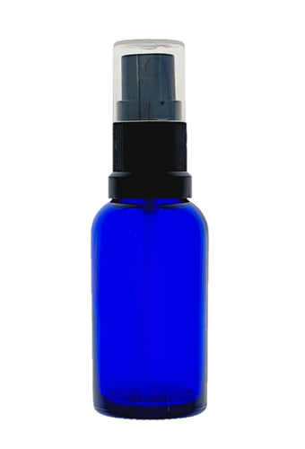 20ml Blue Glass Bottles with Black Atomiser Spray and Clear Over Cap