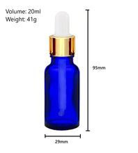 Load image into Gallery viewer, 20ml Blue Glass Bottles with Gold/White Glass Pipettes