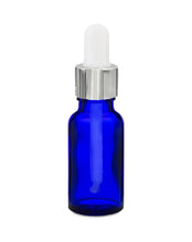 Load image into Gallery viewer, 20ml Blue Glass Bottles with Silver/White Glass Pipettes