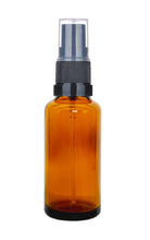 Load image into Gallery viewer, 25ml Amber Glass Bottles with Black Atomiser Spray and Clear Overcap