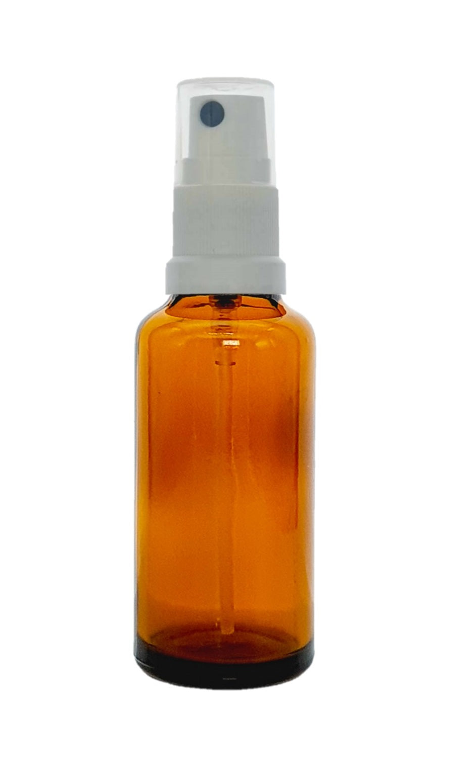 25ml Amber Glass Bottles with White Atomiser Spray and Clear Overcap