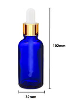 Load image into Gallery viewer, 30ml Blue Glass Bottles with Gold/White Glass Pipettes