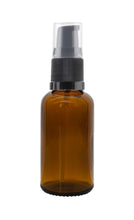 Load image into Gallery viewer, 30ml Amber Glass Bottles with Black Treatment Pump and Clear Over Cap