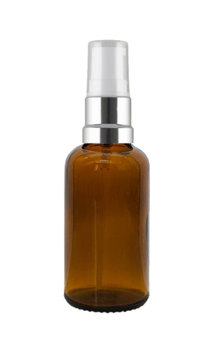 30ml Amber Glass Bottles with Silver/White Treatment Pump and Clear Over Cap