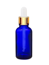 Load image into Gallery viewer, 30ml Blue Glass Bottles with Gold/White Glass Pipettes