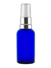 Load image into Gallery viewer, 30ml Blue Glass Bottles with Silver/White Treatment Pump and Clear Over Cap Avalon Cosmetic Packaging