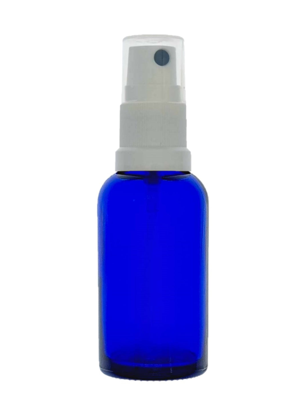 30ml Blue Glass Bottles with White Atomiser Spray and Clear Over Cap. Avalon Cosmetic Packaging