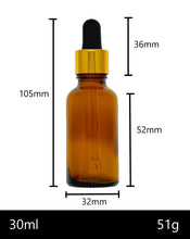 Load image into Gallery viewer, 30ml Amber Glass Bottles with Gold/Black Glass Pipettes