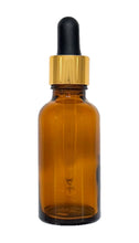 Load image into Gallery viewer, 30ml Amber Glass Bottles with Gold/Black Glass Pipettes