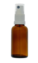 Load image into Gallery viewer, 30ml Amber Glass Bottles with White Atomiser Spray and Clear Overcap