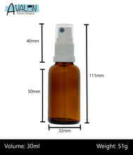 Load image into Gallery viewer, 30ml Amber Glass Bottles with White Atomiser Spray and Clear Overcap