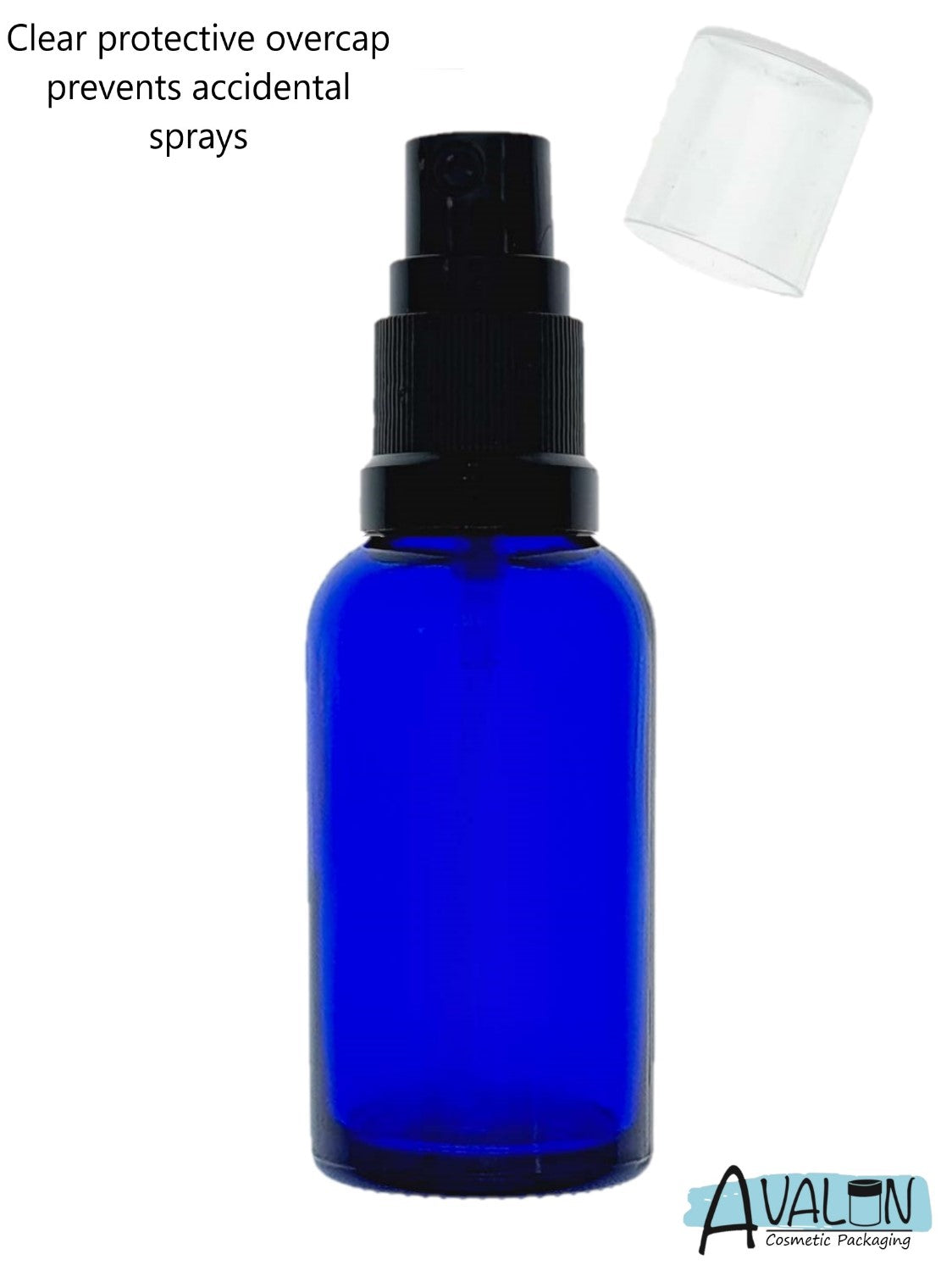 30ml Blue Glass Bottles with Black Atomiser Spray and Clear Overcap