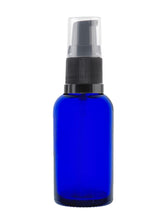 Load image into Gallery viewer, 30ml Blue Glass Bottles with Black Treatment Pump and Clear Overcap