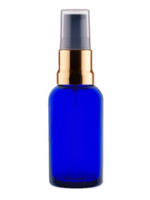 Load image into Gallery viewer, 30ml Blue Glass Bottles with Gold/Black Treatment Pump and Clear Overcap