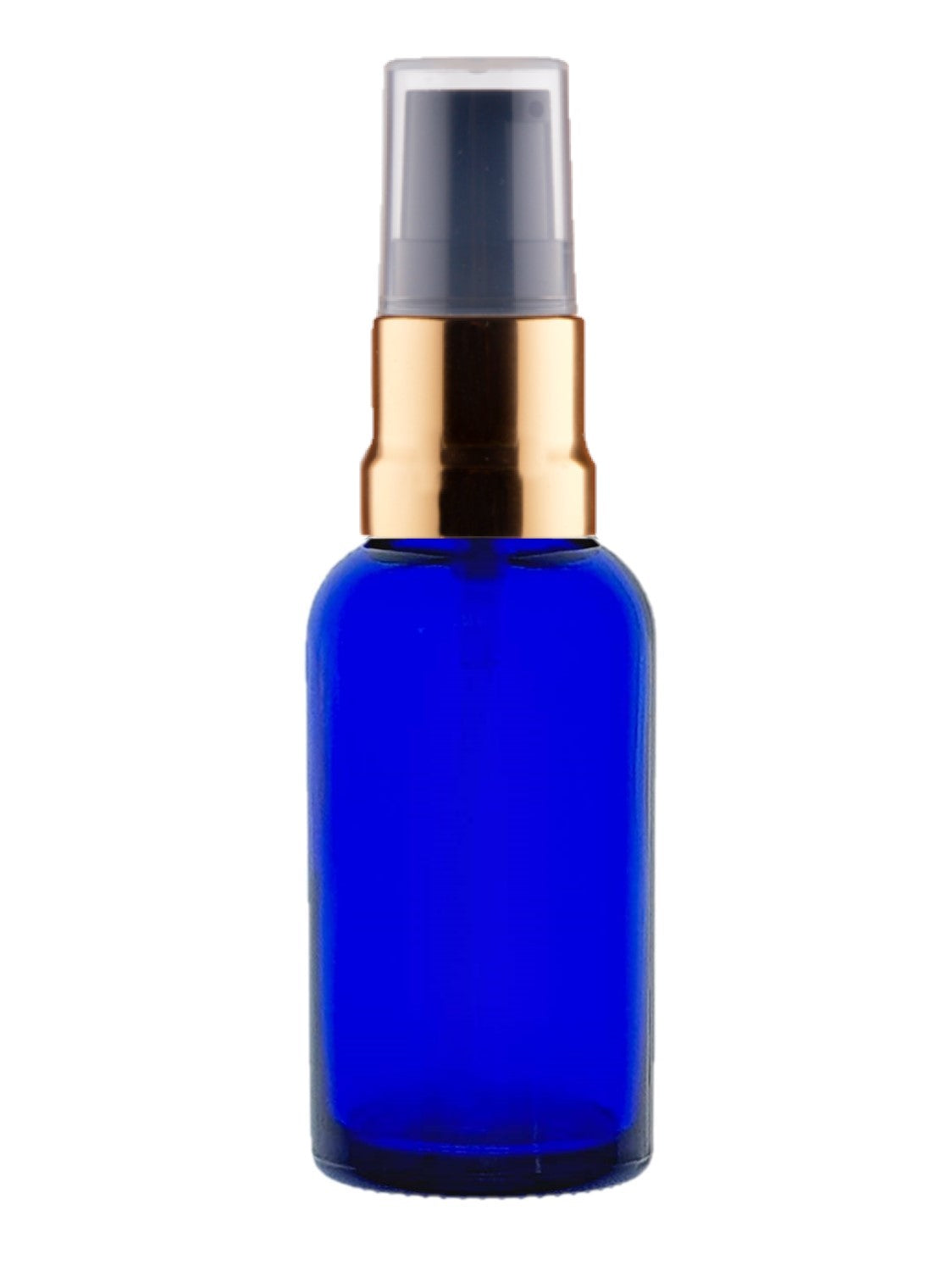 30ml Blue Glass Bottles with Gold/Black Treatment Pump and Clear Overcap