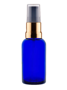 30ml Blue Glass Bottles with Gold/Black Treatment Pump and Clear Overcap