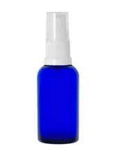 Load image into Gallery viewer, 30ml Blue Glass Bottles with White Treatment Pump and Clear Overcap