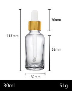 30ml Clear Glass Bottles with Gold/White Glass Pipettes