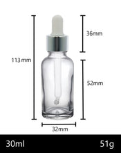 Load image into Gallery viewer, 30ml Clear Glass Bottles with Silver/White Glass Pipettes