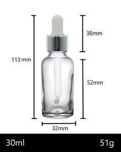 30ml Clear Glass Bottles with Silver/White Glass Pipettes