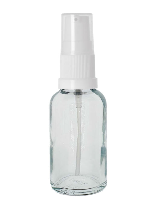30ml Clear Glass Bottles with White Treatment Pump and Clear Overcap
