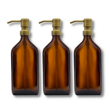 Load image into Gallery viewer, 500ml Rectangular Amber Glass Soap Dispenser Bottles with Brass Style Metal Pump