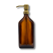 Load image into Gallery viewer, 500ml Rectangular Amber Glass Soap Dispenser Bottles with Brass Style Metal Pump