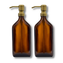 Load image into Gallery viewer, 500ml Rectangular Amber Glass Soap Dispenser Bottles with Brass Style Metal Pump