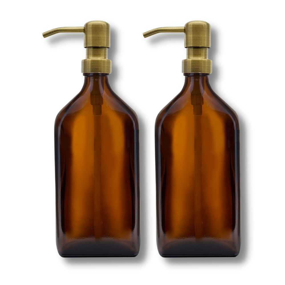500ml Rectangular Amber Glass Soap Dispenser Bottles with Brass Style Metal Pump