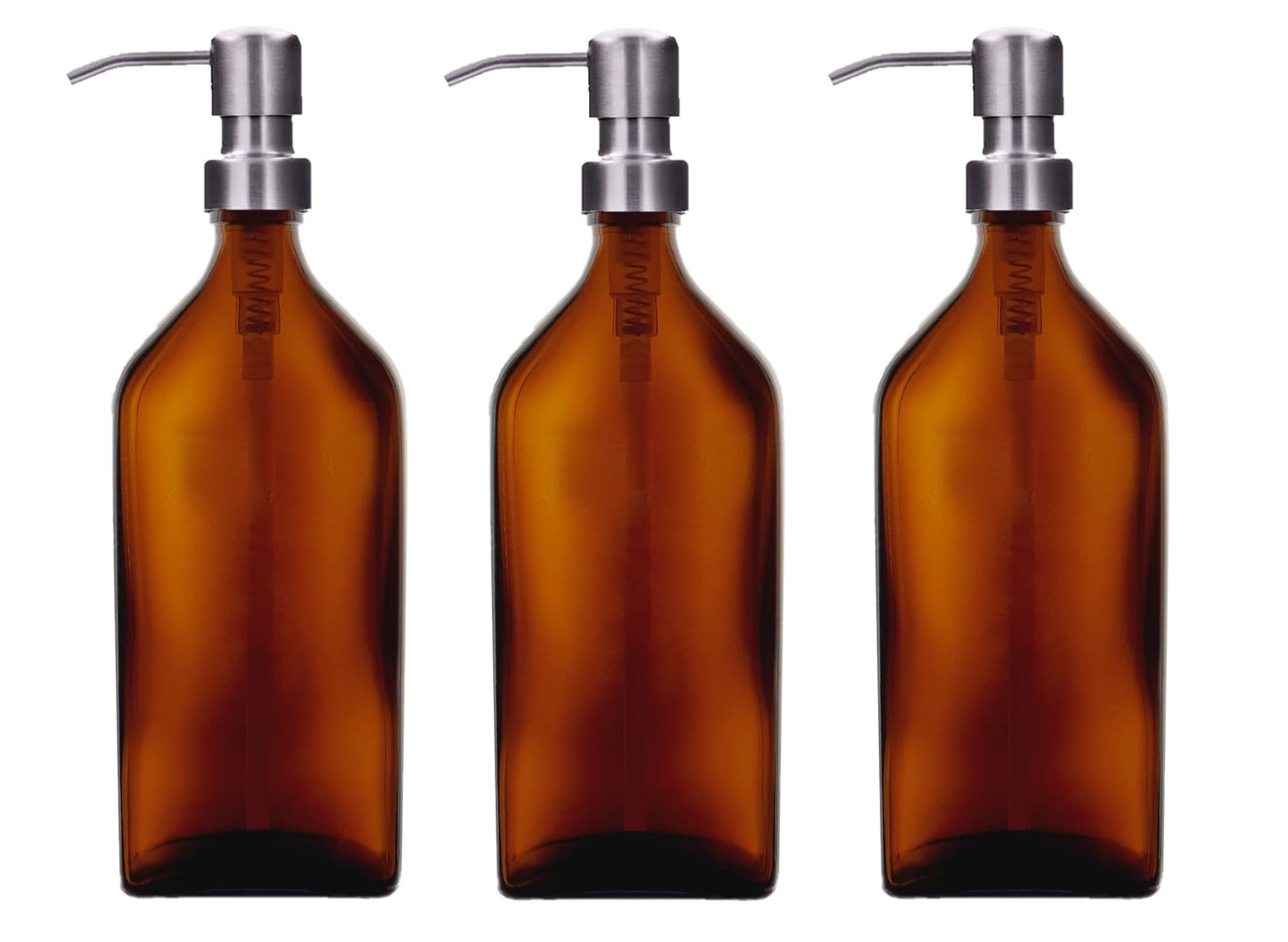 500ml Rectangular Amber Glass Soap Dispenser Bottles with Brushed Stainless Steel Metal Pump