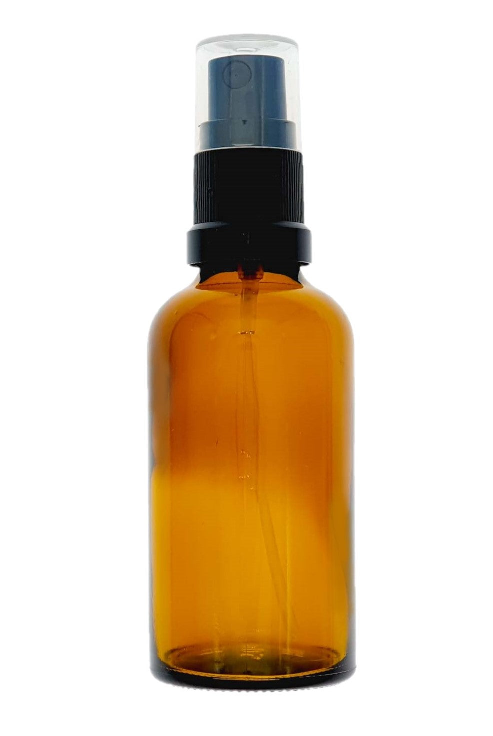 50ml Amber Glass Bottles with Black Atomiser Spray and Clear Over Cap