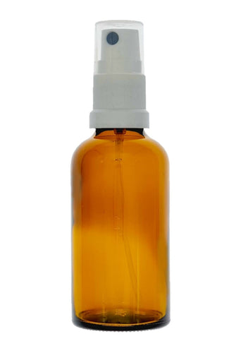 50ml Amber Glass Bottles with White Atomiser Spray and Clear Over Cap