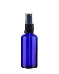 50ml Blue Glass Bottles with Black Treatment Pump and Clear Over Cap Avalon Cosmetic Packaging