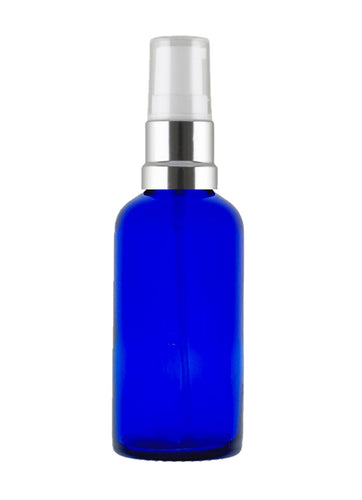 50ml Blue Glass Bottles with Silver/White Treatment Pump and Clear Over Cap