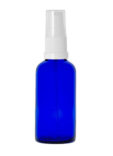 50ml Blue Glass Bottles with White Treatment Pump and Clear Over Cap