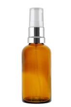 Load image into Gallery viewer, 50ml Amber Glass Bottles with Silver/White Treatment Pump and Clear Overcap